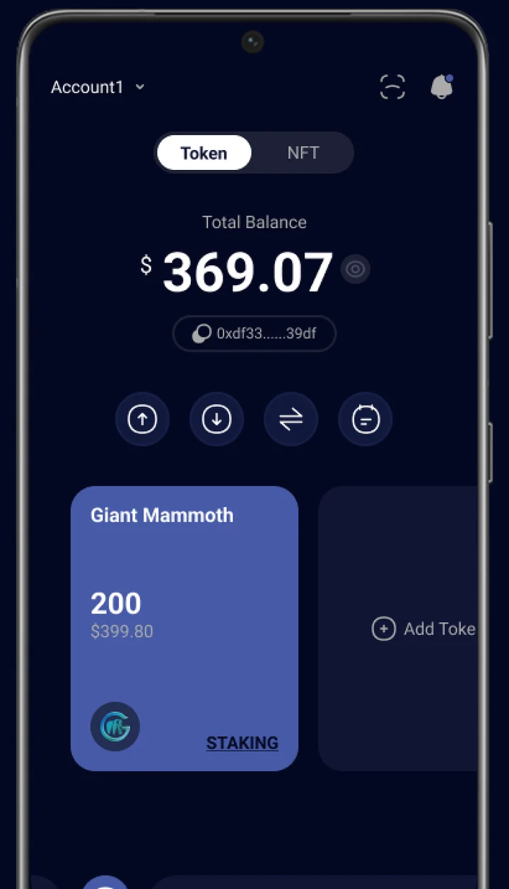 GM Wallet app screen showing total balance and a Giant Mammoth token card